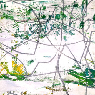 random printed paper with lines and paint in green yellow and blue