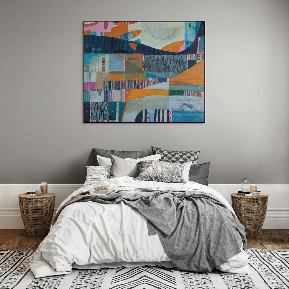 Thumbnail: abstract landscape art print on canvas in orange pink and blue framed in oak