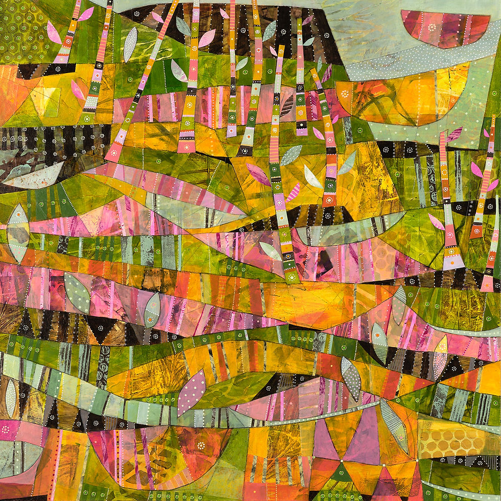 Abstract artwork with vibrant yellow, green, and pink geometric patterns. Includes leaf shapes and tree-like forms, creating a lively, dynamic scene.