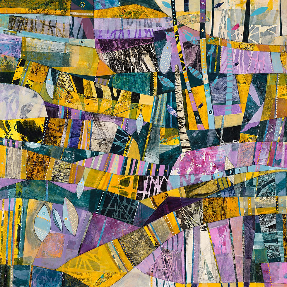 Abstract collage with vibrant yellow, purple, and blue patterns. Features geometric shapes, patchwork textures, and vertical lines. Bold and dynamic.