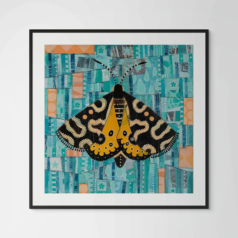 Thumbnail: golden sun moth abstract painting in orange on a blue background paper print unframed
