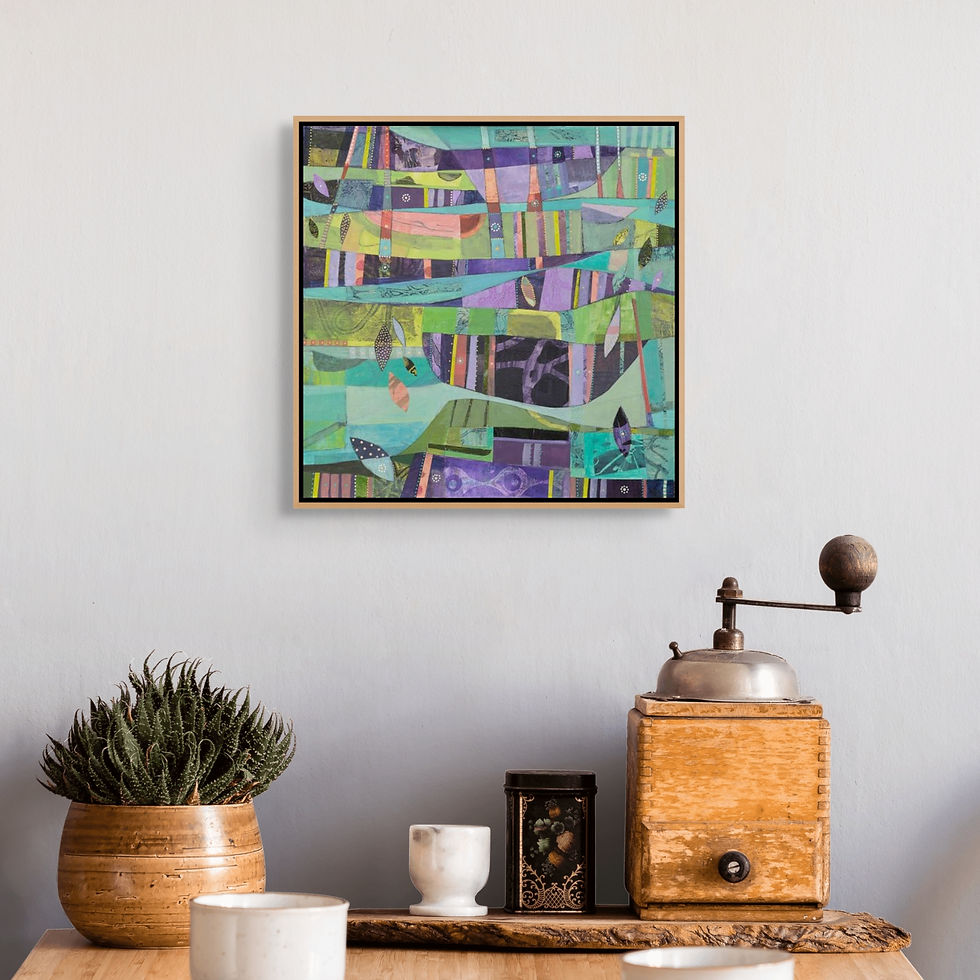 Thumbnail: abstract landscape painting in purple and green on a wall