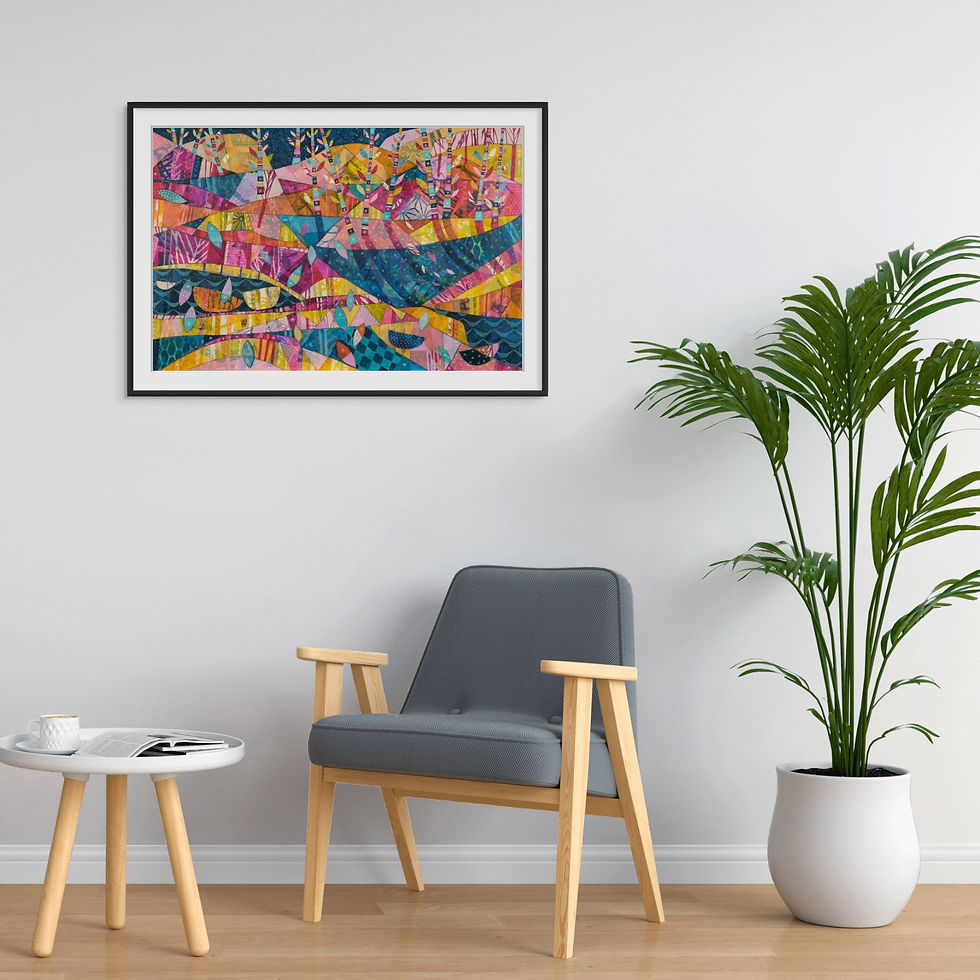 Thumbnail: abstract landscape artwork in pink yellow and blue art print on paper