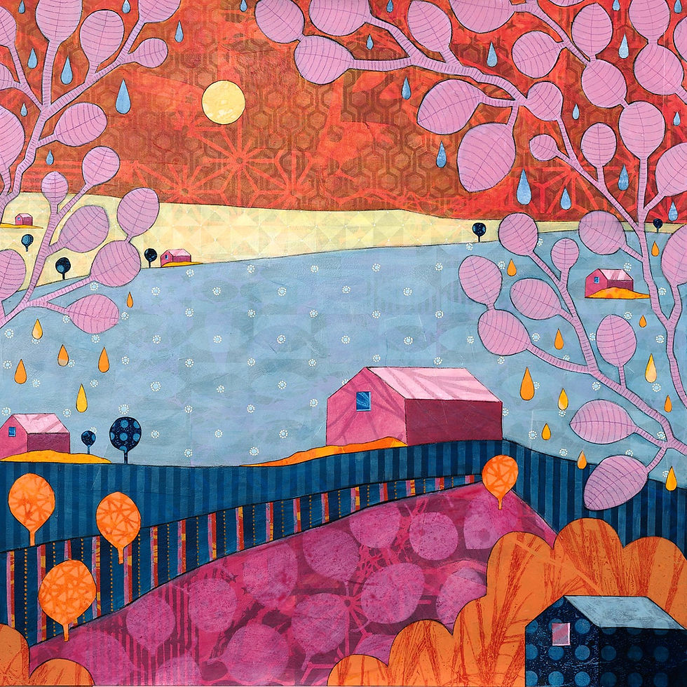 Thumbnail: Between Two Skies abstract wall art in orange, yellow and blue, evoking two landscapes meeting