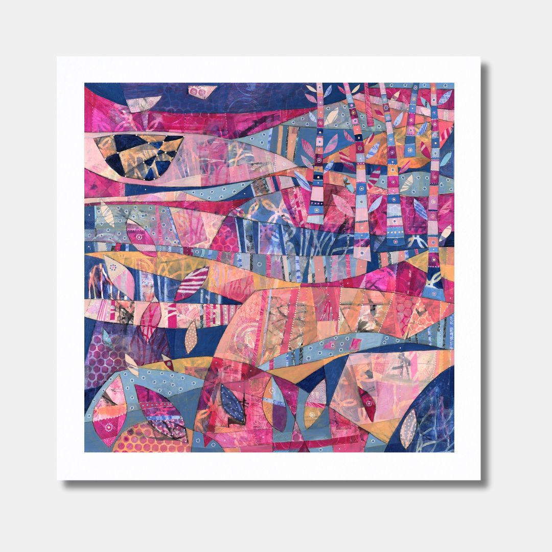 Abstract landscape art print in blue and pink unframed