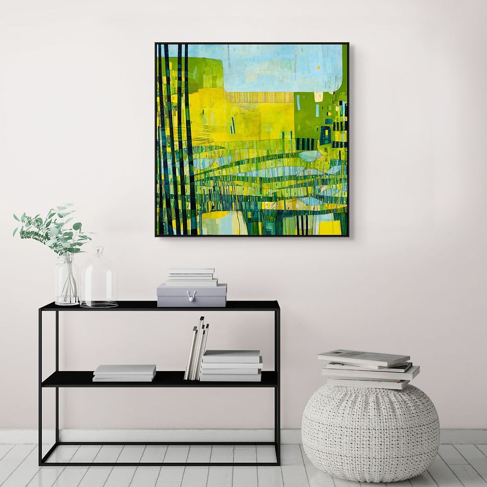 Thumbnail: abstract landscape artwork in yellow blue and green framed in room scenes