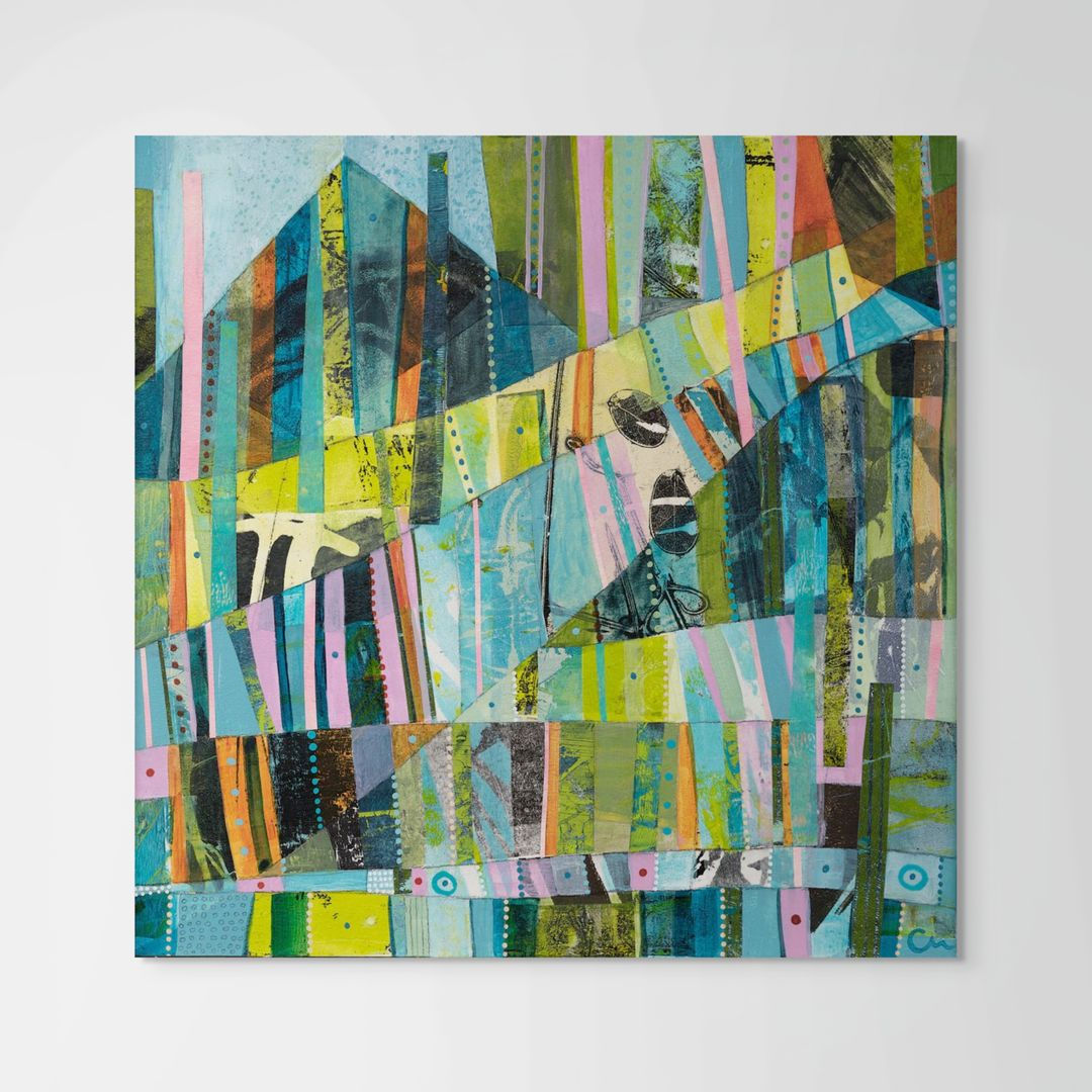 abstract shapes artwork with a triangle and stripes in green yellow and blue