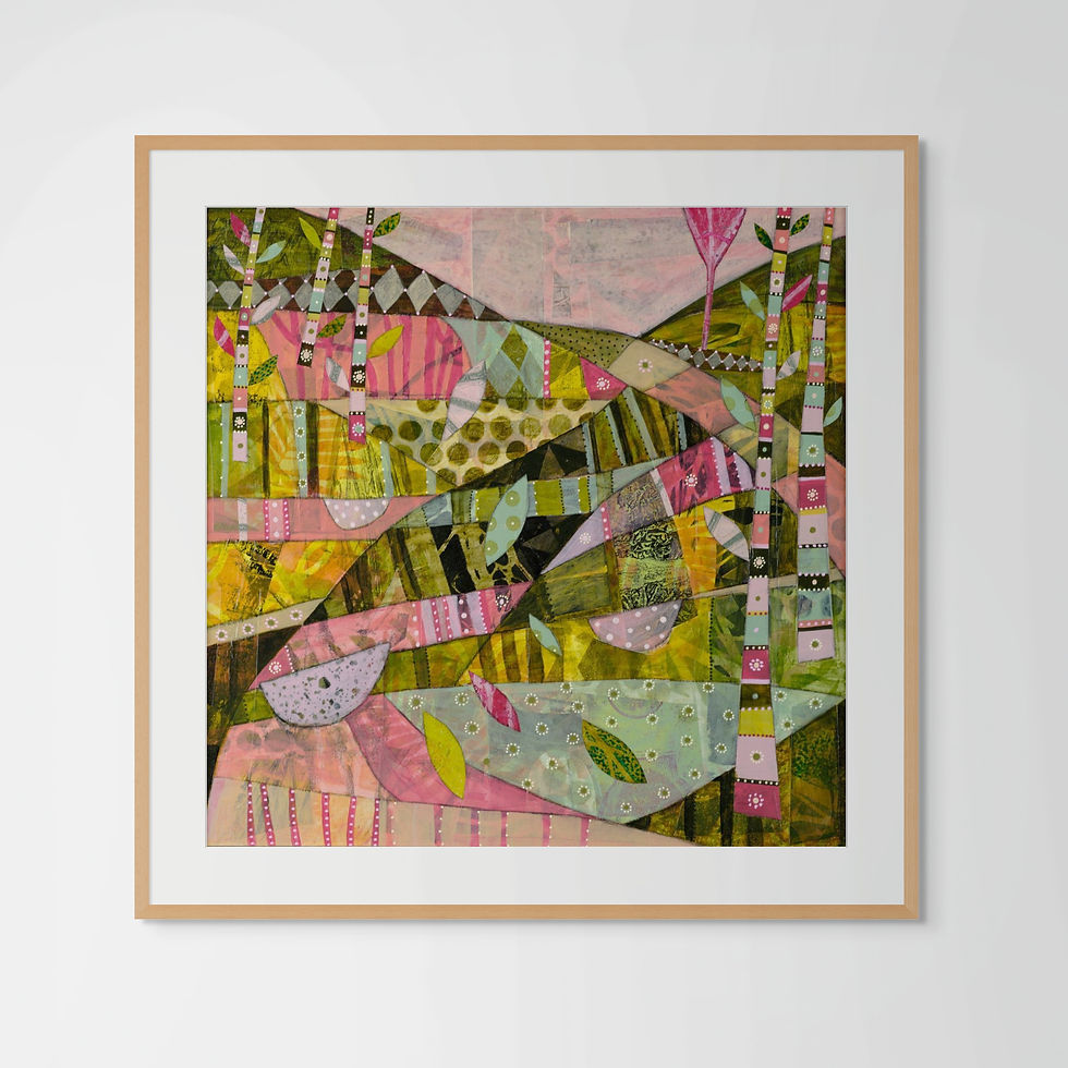 Thumbnail: The Grasshopper abstract wall art print in green and pink tones, inspired by English country lanes