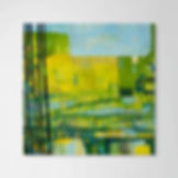 abstract landscape artwork in blue yellow and green withdark stripes and blue sky framed in room scenes