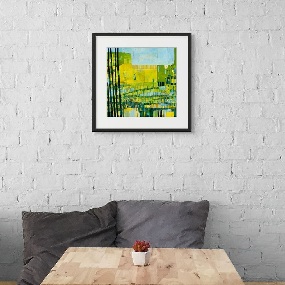 Thumbnail: abstract landscape artwork in blue yellow and green framed in room scenes