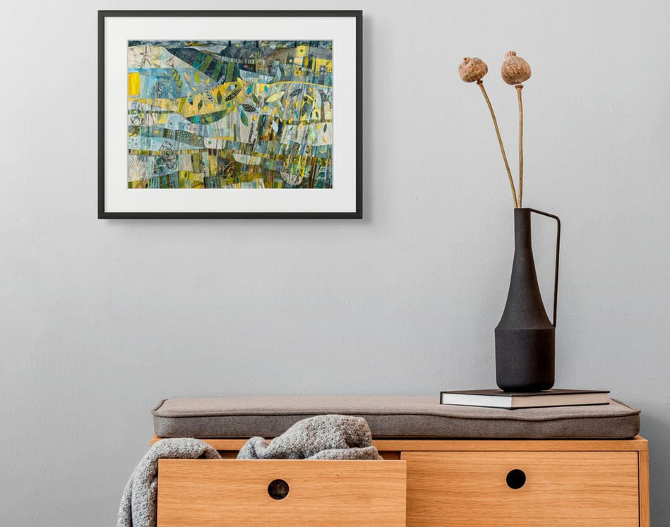 abstract landscape art print coastal inspired in earthy tones framed in room scenes