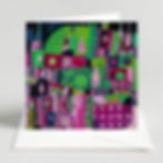Thumbnail: abstract landscape paint and collage scene in blue pink and vibrant green greeting card