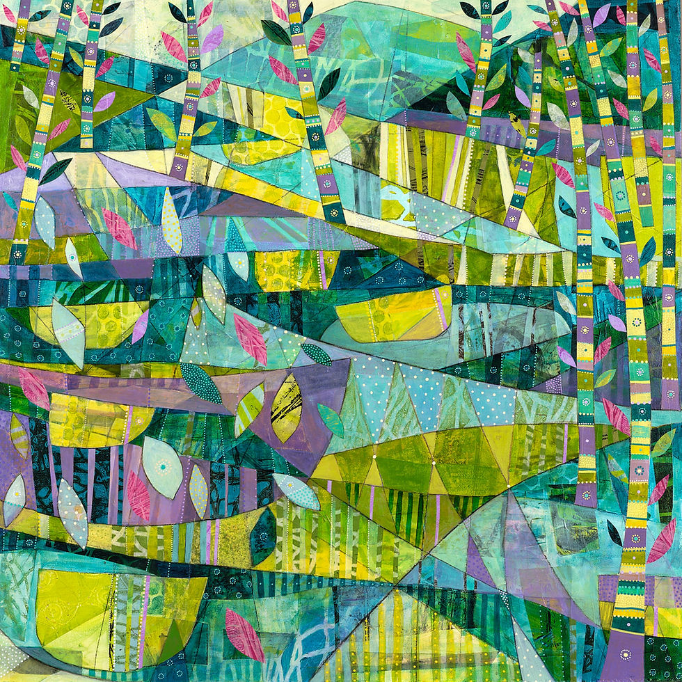 Abstract art with colorful geometric trees and leaves in green, blue, yellow, and pink. The pattern creates a vibrant, lively forest scene.
