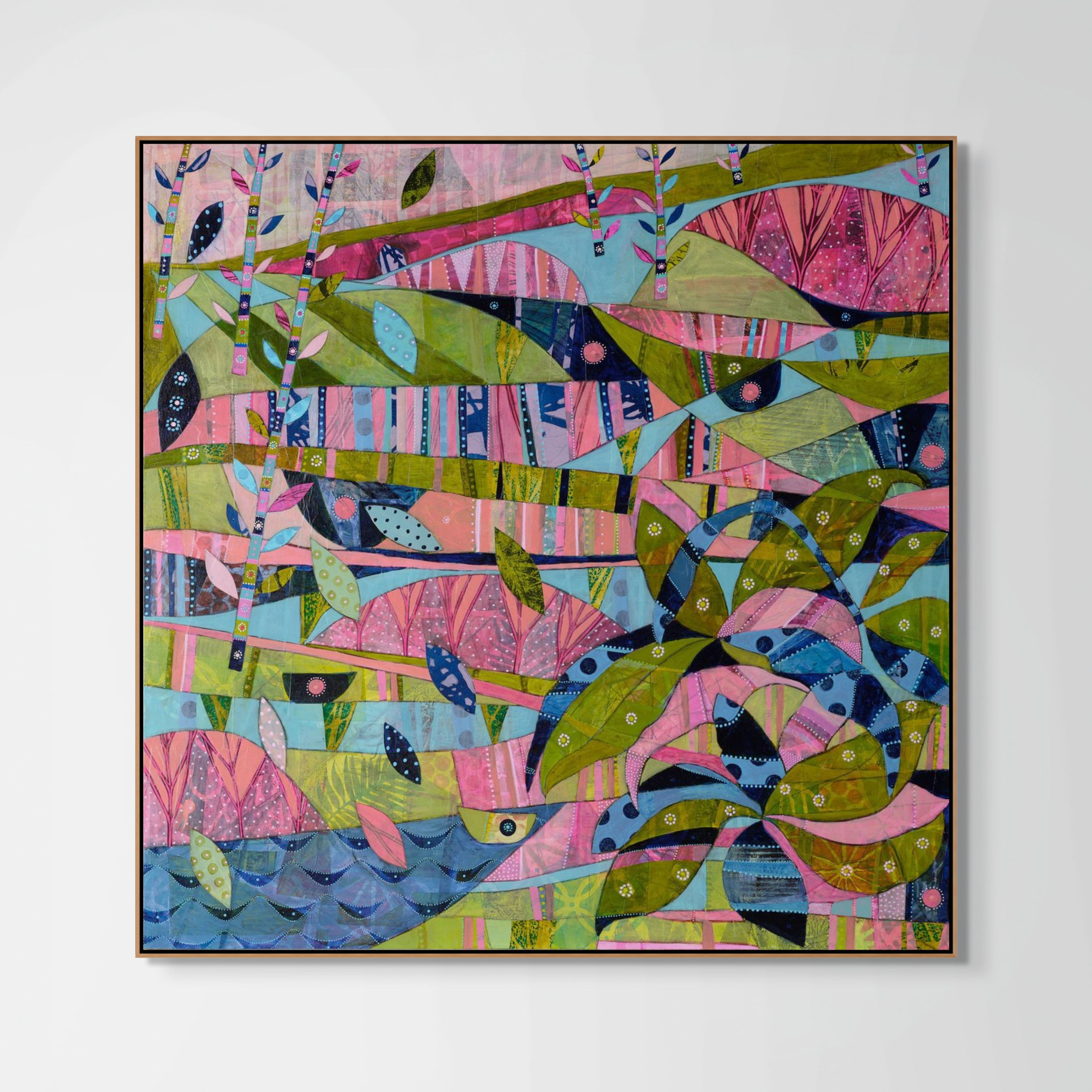 abstract landscape art print on canvas framed in oak