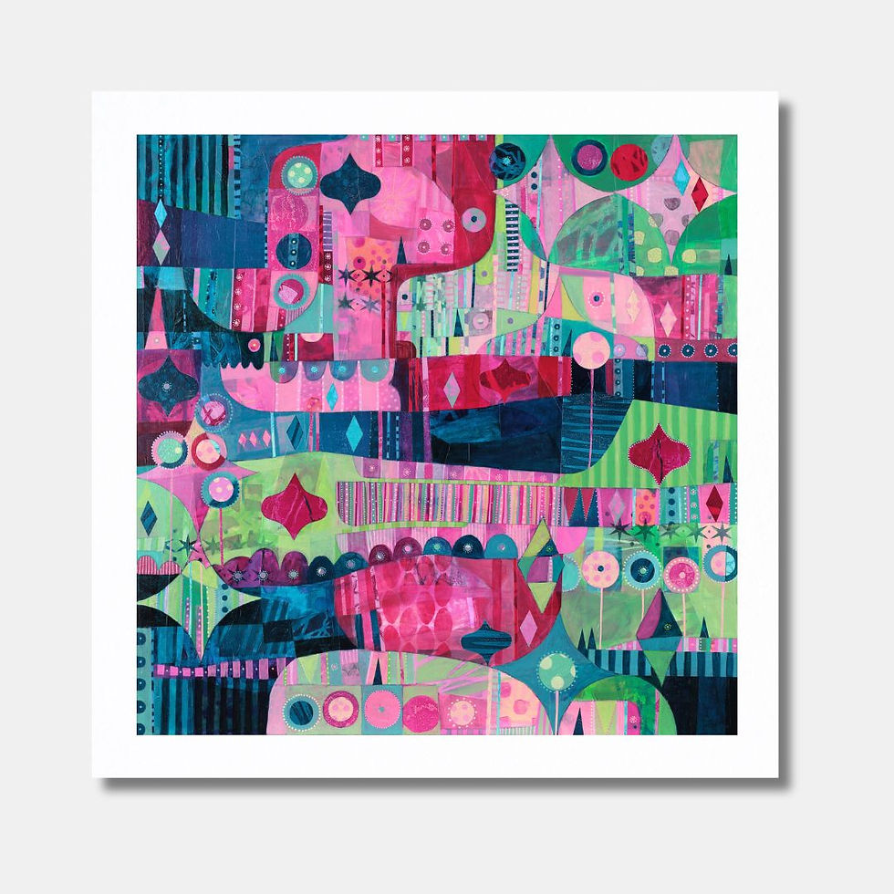 Thumbnail: Leaving The Storm abstract wall art print in deep green, pink and blue tones, evoking release and resilience
