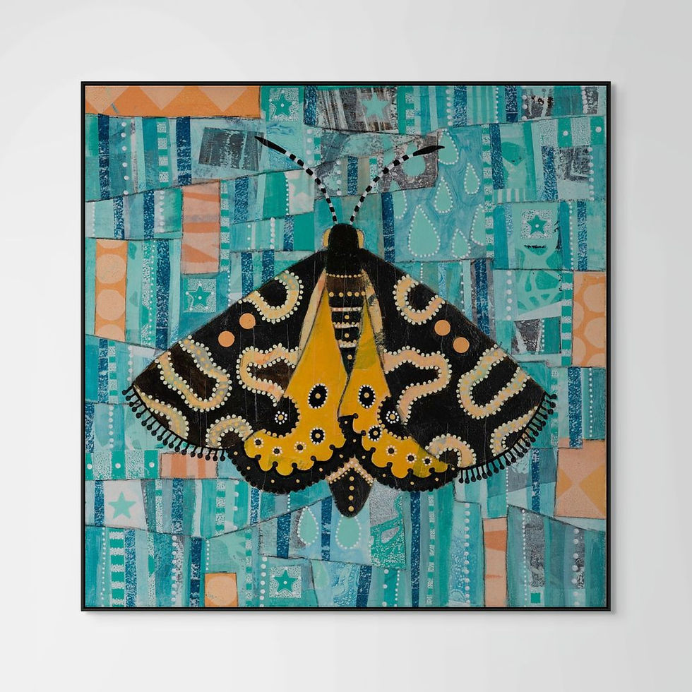 Thumbnail: abstract illustration of a brown and orange moth on a blue patterned background