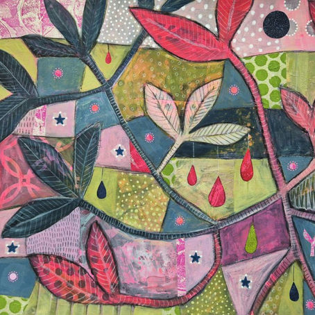 Abstract painting with colorful mosaic of leaves and teardrop shapes. Dominant colors are pink, green, and blue, with dotted patterns.