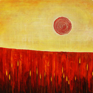 abstract landscape painting of a corn field with a big red sun in the top right corner against a yellow sky