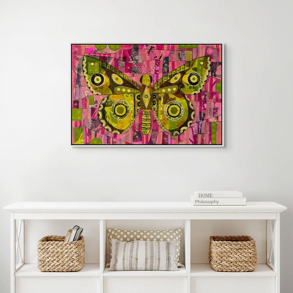 Thumbnail: abstract butterfly painting in green and yellow on a pink background