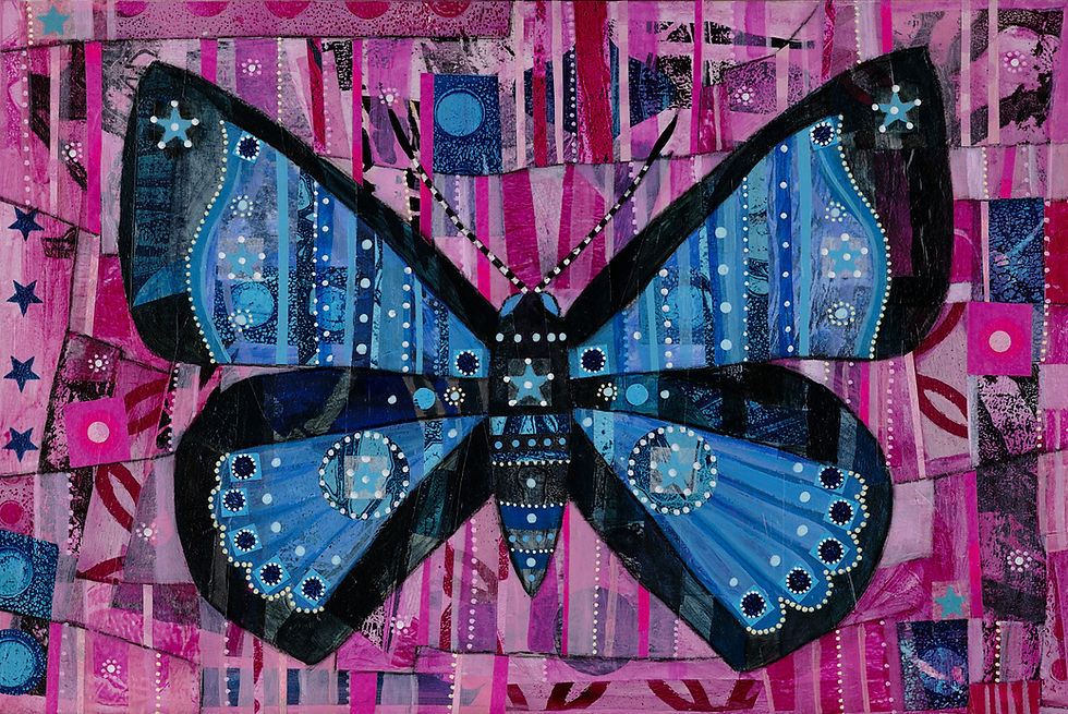 Thumbnail: abstract butterfly in blue on a pink background art print on canvas