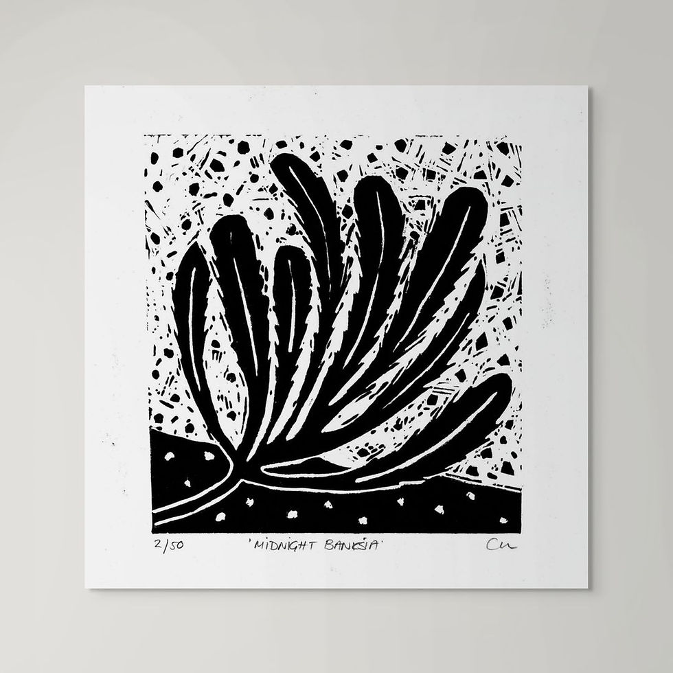 abstract botanical banksia leaf lino print in black and white
