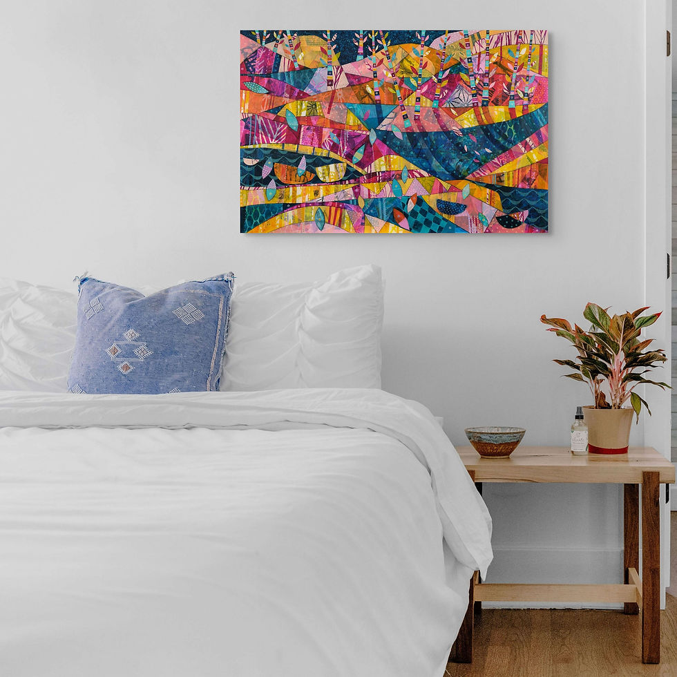 Thumbnail: abstract landscape painting in pink yellow and blue