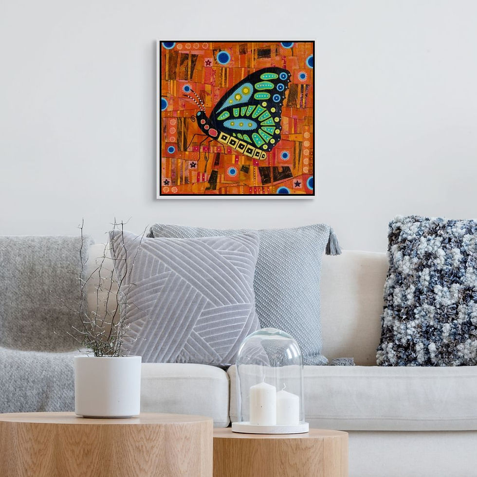 Thumbnail: abstract butterfly painting in green and orange framed in black oak or white