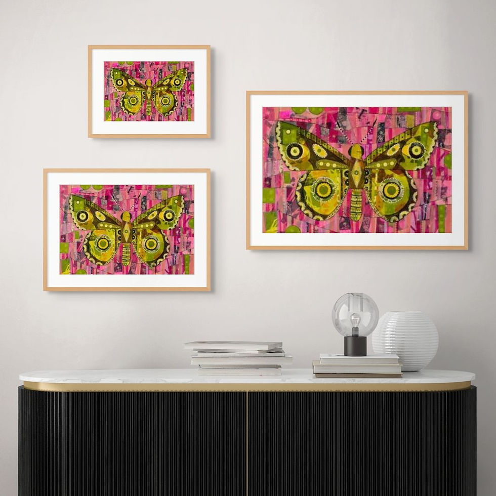 Thumbnail: abstract painted butterfly in yellow green and pink wall art print on paper unframed