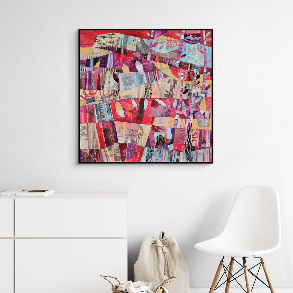 Thumbnail: abstract landscape art print on canvas in red and lilac framed in room scene