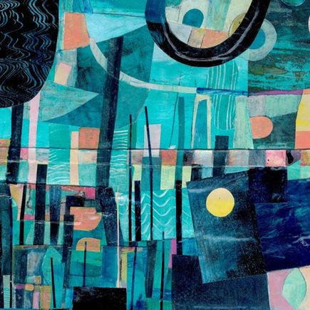 abstract landscape collage in blue and pale blue