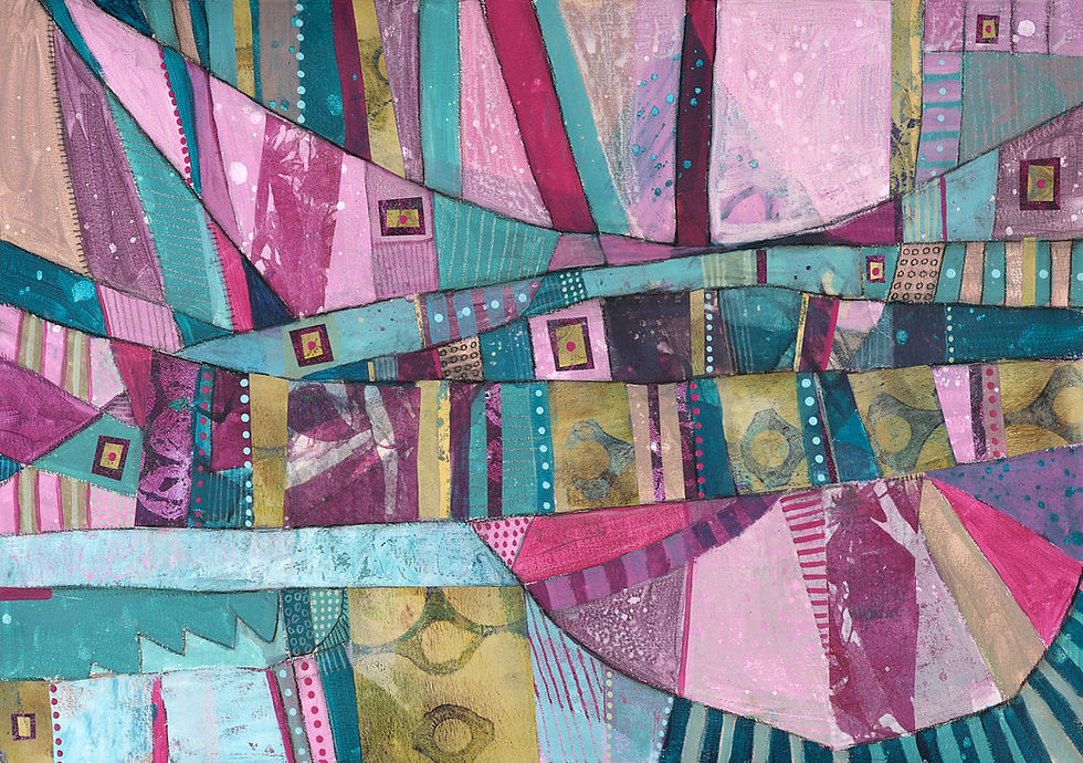 Abstract geometric artwork with vibrant teal, pink, and gold colors, showcasing overlapping shapes, stripes, and dots in a layered pattern.