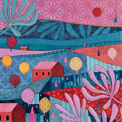 abstract landscape painting in red pink and blue