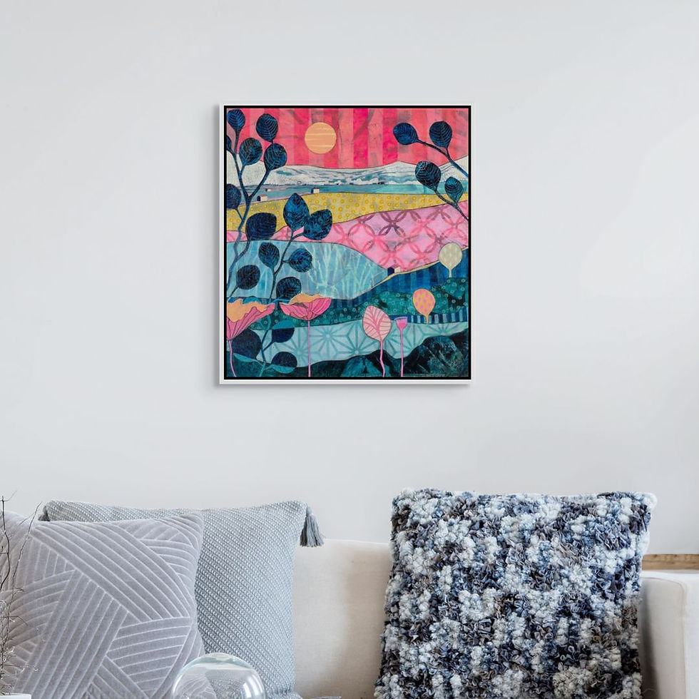 Thumbnail: Two Lands abstract wall art in warm coral and cool teal, evoking two geographically distant landscapes in quiet conversation