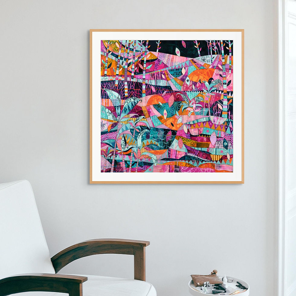 Thumbnail: Cascade abstract wall art print in orange, pink and blue tones, evoking motion and fleeting time