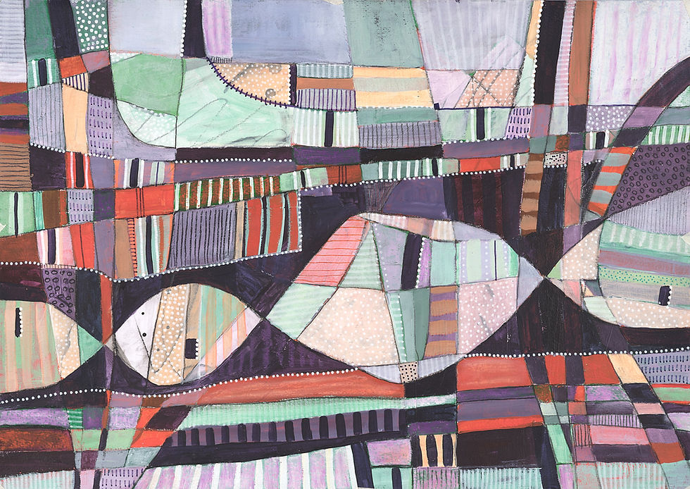 Abstract painting with colorful, geometric patterns and overlapping shapes in pastel and bold hues. No text is visible.