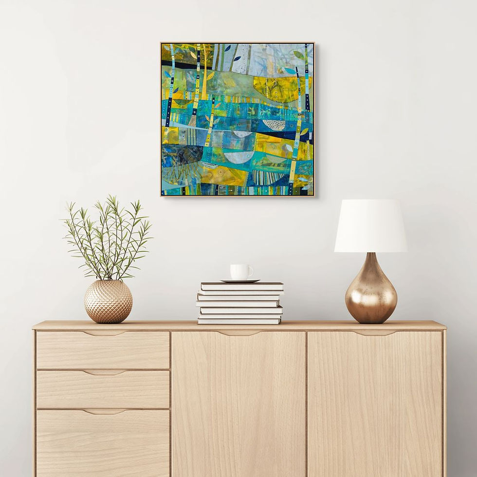 Thumbnail: abstract landscape art print on canvas in green blue and yellow coastal theme