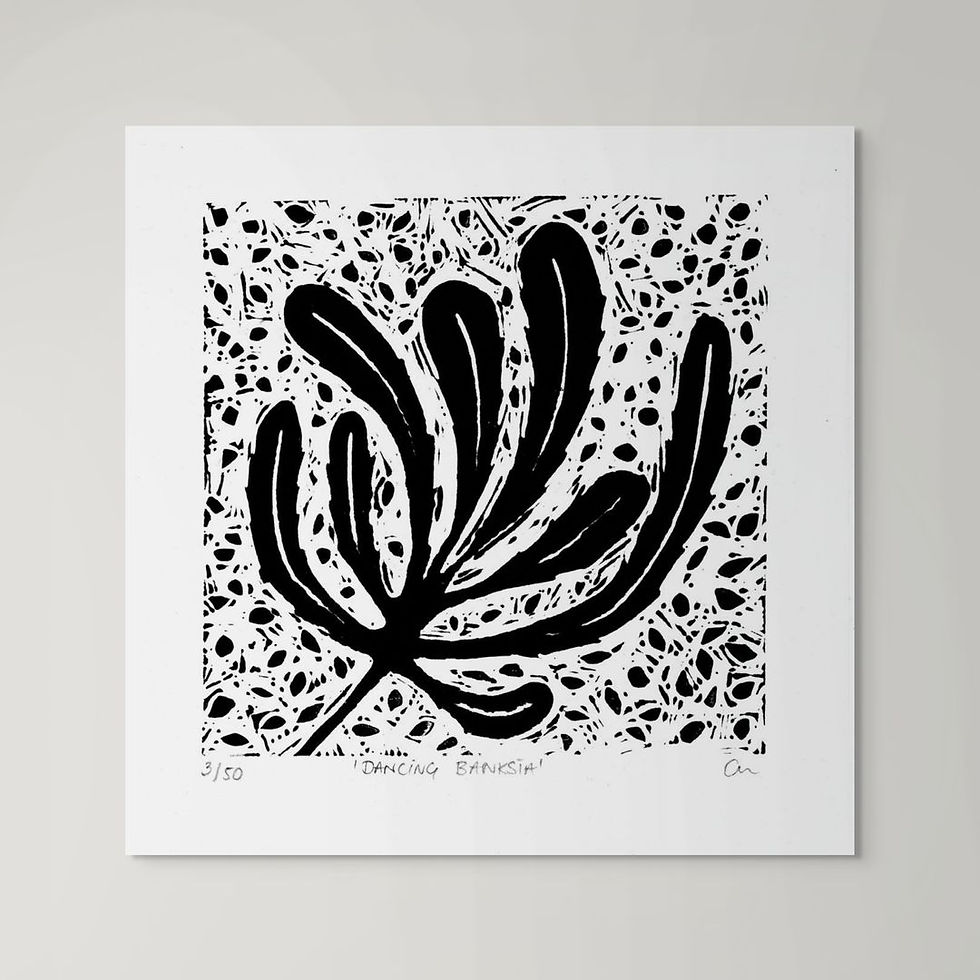abstract botanical banksia leaf lino print in black and white