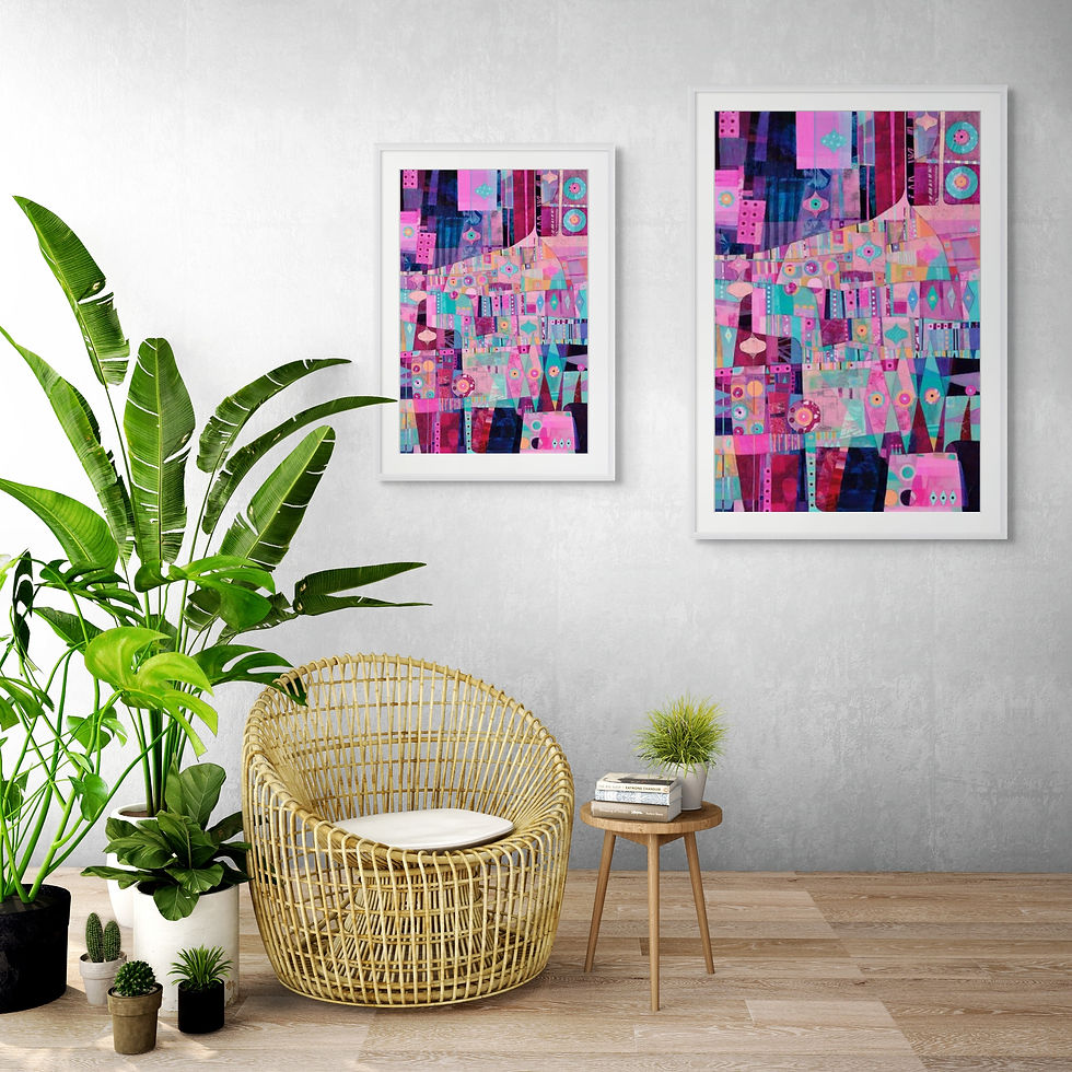 Thumbnail: abstract landscape art print on paper in pink and purple in a homely scene