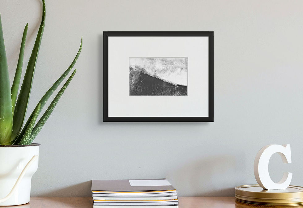 Framed abstract art on gray wall, beside potted aloe plant and stack of books on wooden desk. White letter "C" on a gold tray.