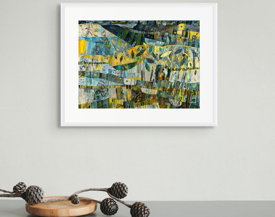 abstract landscape art print coastal inspired in earthy tones framed in room scenes
