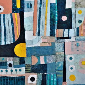 blue and white and pink abstract image with stripes and semicircles