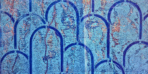 retro arch design stencil print in two blue colours