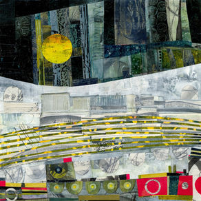Abstract collage with a bright yellow sun against dark vertical panels. Curved lines and circles in white, gray, yellow, and red dominate the foreground.