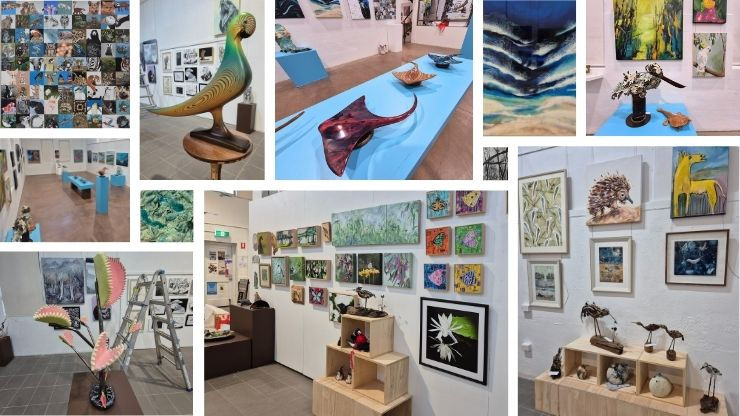A collage of an art gallery featuring colorful paintings, sculptures, and mixed media. Various artworks are displayed on white walls and wooden stands.