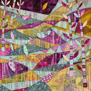 abstract landscape artwork in magenta and ochre