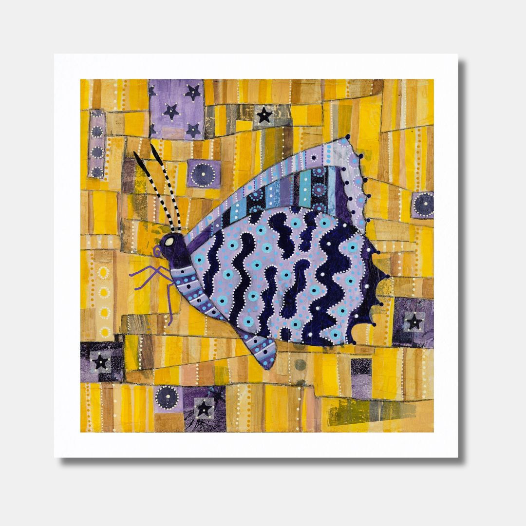 abstract butterfly art print on paper unframed in yellow and lilac