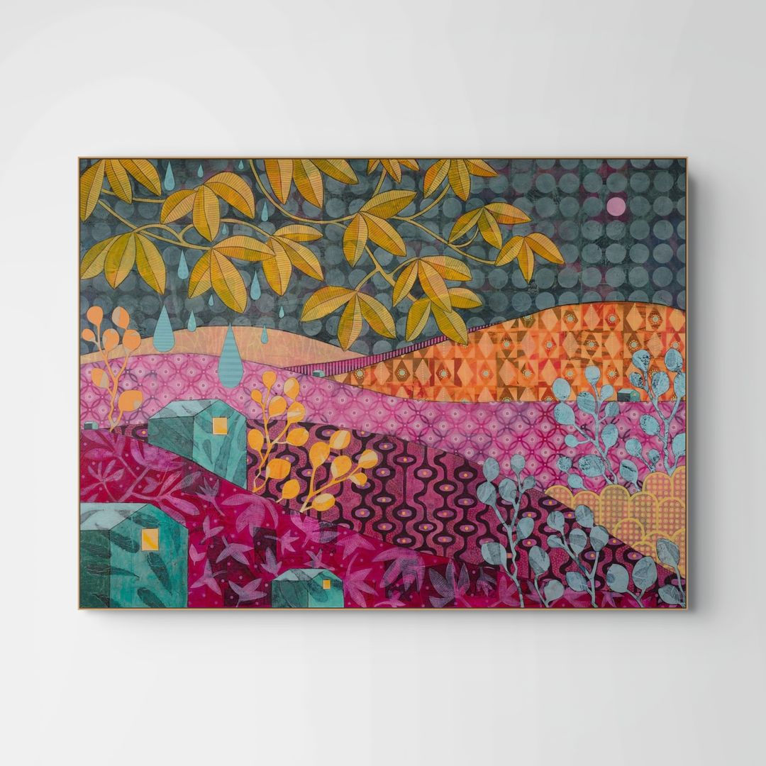 Where the Spirit Dwells abstract wall art in pink, orange, yellow and grey, evoking presence and belonging across an vista