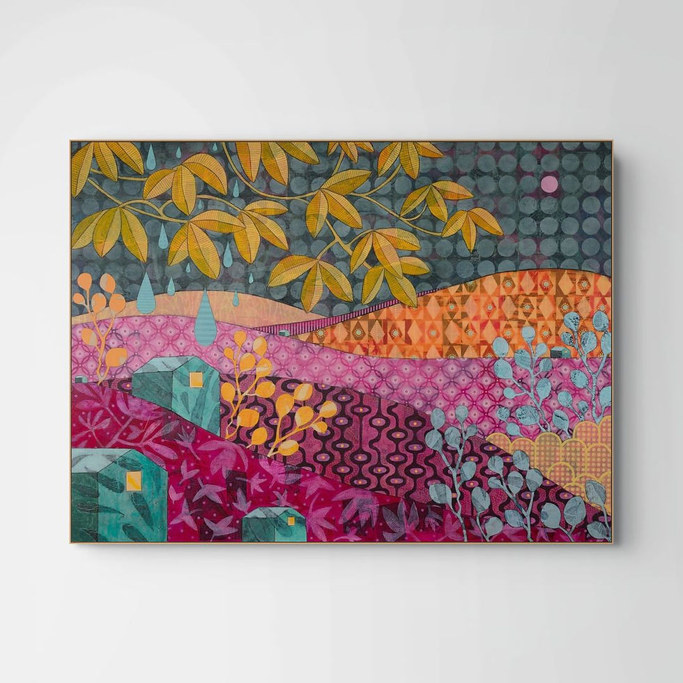 Where the Spirit Dwells abstract wall art in pink, orange, yellow and grey, evoking presence and belonging across an vista
