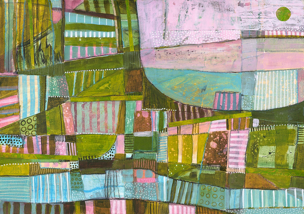 Abstract painting with geometric shapes and lines in green, pink, and blue tones. Patterns include stripes, dots, and circles, creating a lively mood.
