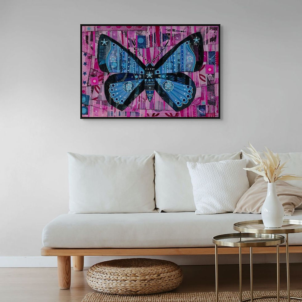 Thumbnail: abstract butterfly in blue on a pink background art print on canvas